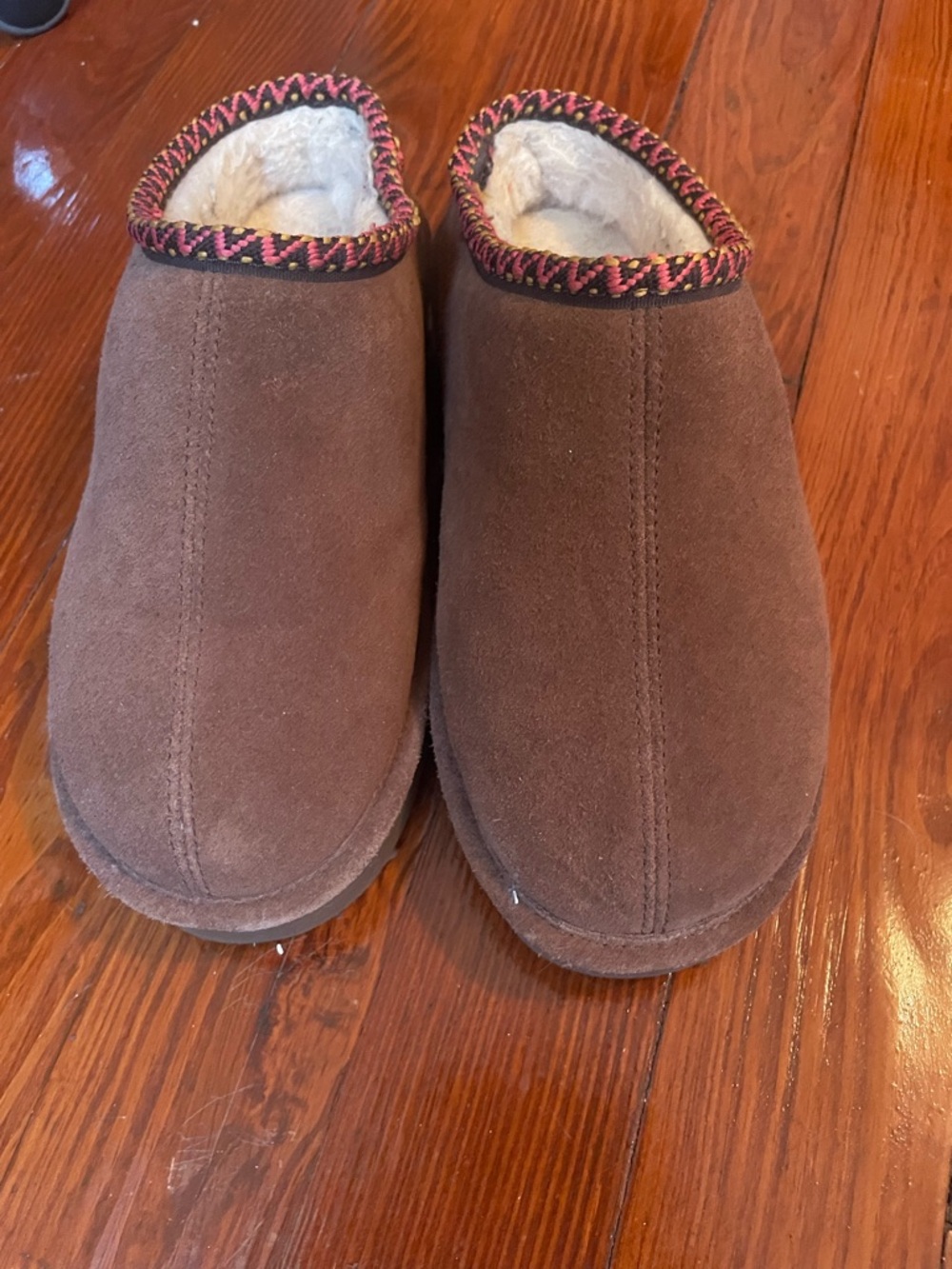 BearPaw Taupe Suede Shearling-Lined Slip-Ons with Braided Trim - Picture 2 of 2